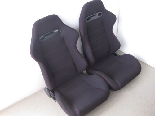 2 X RED STITCH FABRIC BLACK SPORT RACING SEATS + RAILS