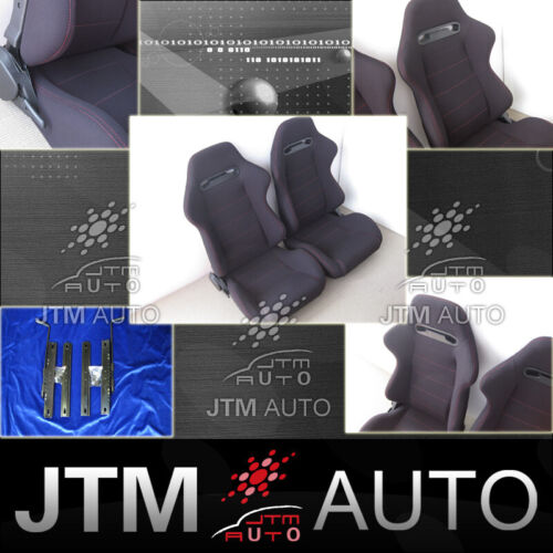 2 X RED STITCH FABRIC BLACK SPORT RACING SEATS + RAILS