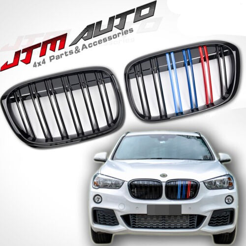 Gloss Black Double M Line Front Bumper Kidney Grill Grille for BMW X1 F48 15-19