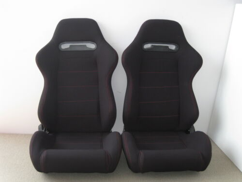 2 X RED STITCH FABRIC BLACK SPORT RACING SEATS + RAILS