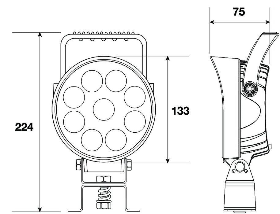Ignite 5.2" Round LED Worklamp With Handle & Switch, 9-36V, 27W, 9 x LEDs, 2,250 Lumens Spot Beam
