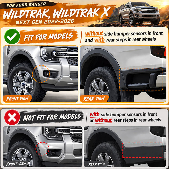 4 inch Slim Fender Flares (Without Sensor Holes) Black Guard to suit Ford Ranger Next Gen Wildtrak 2022+