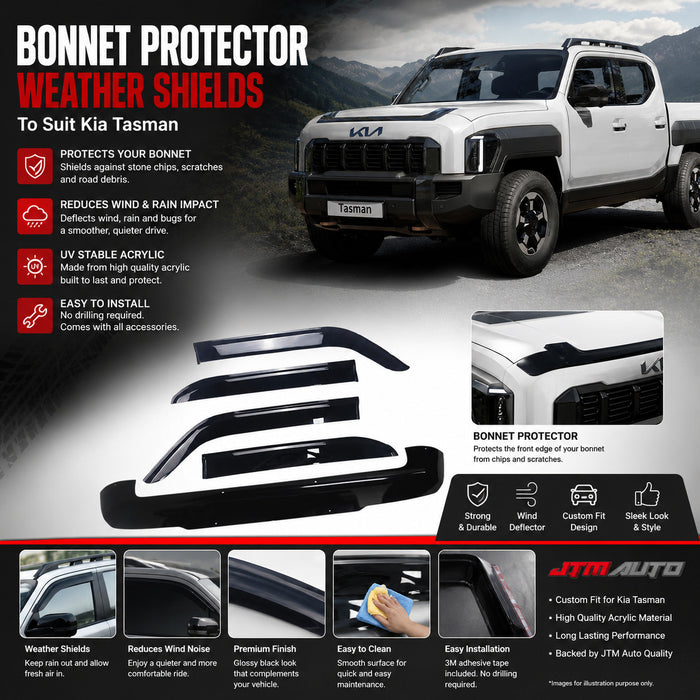 Bonnet Protector Guard + Weather Shield Window Visor to suit Kia Tasman 2025+