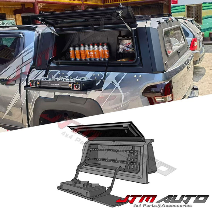 Heavy Duty Black Steel Tub Canopy Side Storage Rack Shelving Drop Down table